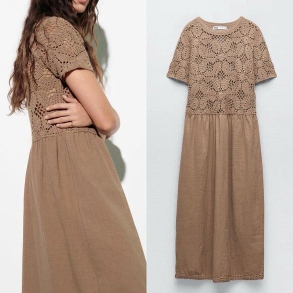 Zara Mixed Macrame Crochet Knit Earth Brown Cotton Midi Dress Size S - Picture 2 of 10